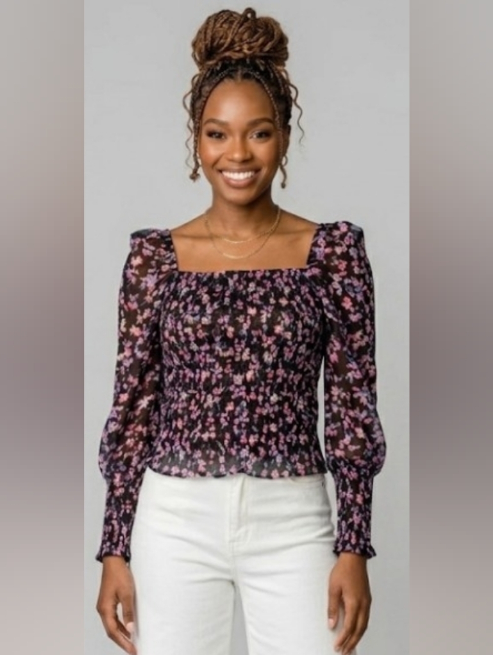 Boho Purple XL Smocked Ruffle Whimsigoth Peasant Puff Sleeve Floral Coquette New